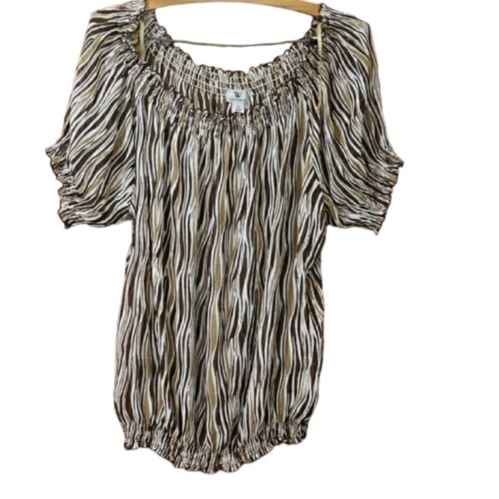 Worthington Vintage 90s Swirly Striped Sheer Wavy Print Blouse Top XL